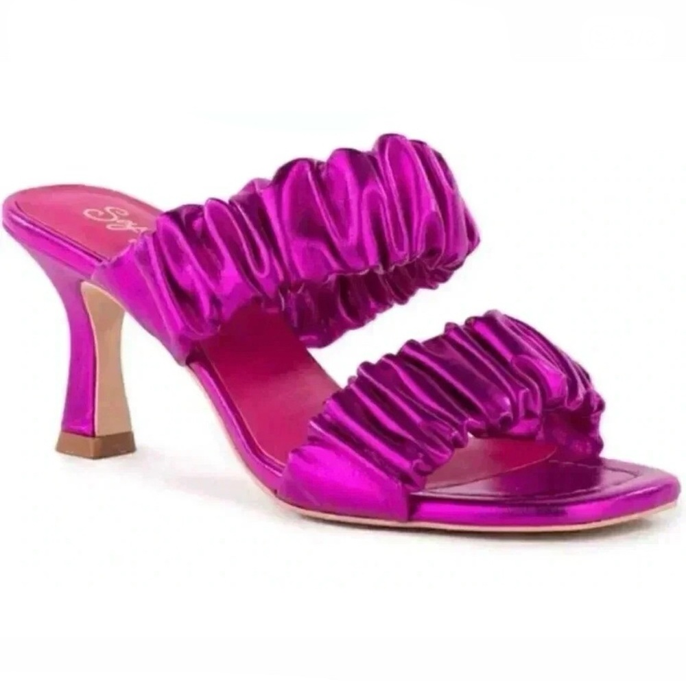 New Seychelles Metallic Fuchsia Heeled Sandals w/ Ruched Straps and Flared Heel